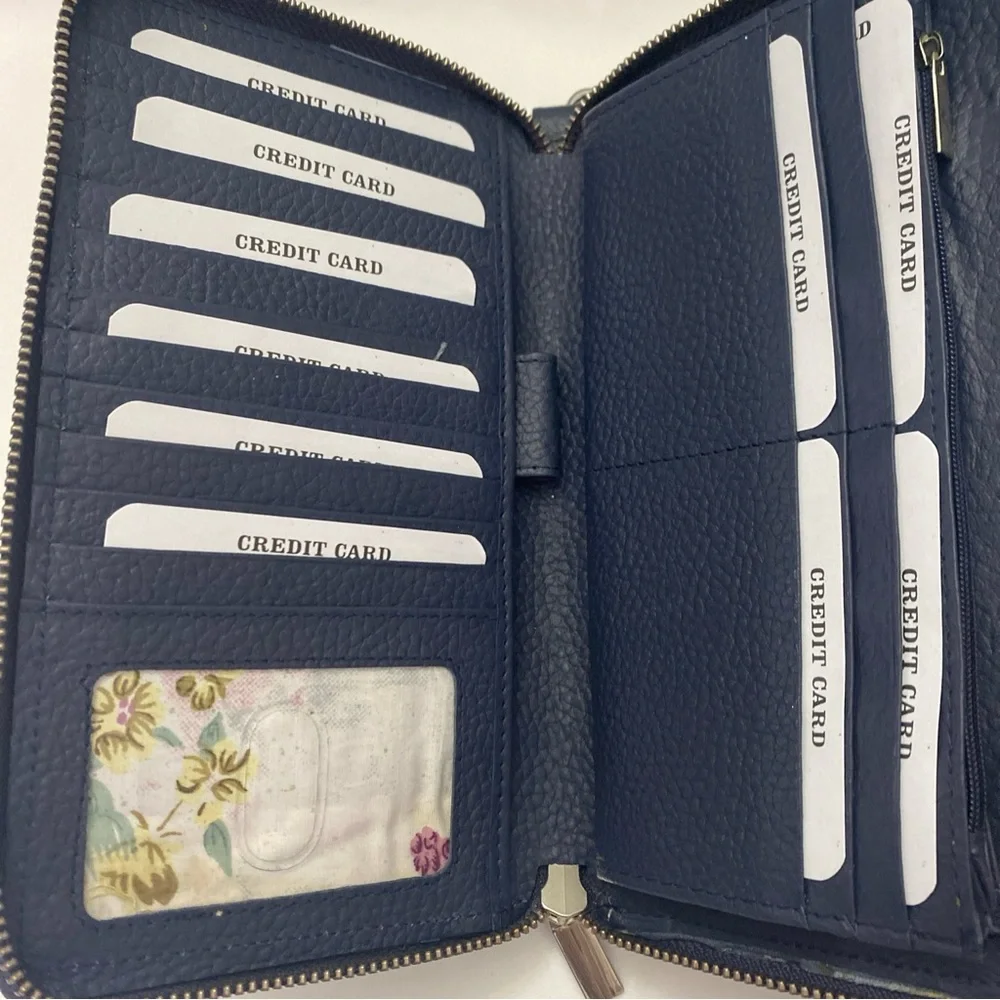 Estalon Womens Zip around Leather RFID Protection Wristlet Wallet Dark Navy Blue